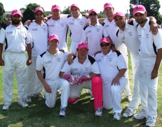 The Moonee Valley Firsts look resplendent in their pink caps to mark Pink Stumps Day. L-R: Back - Ihtisham Uddin, Nasir Ahmed, Ian Denny, Steve Nickelson, Jim Polonidis, Matt Thomas, Amit Chaudhary and Shafi Hassan. Front - Craig Pridham, Trent Milne and Mark Gauci.